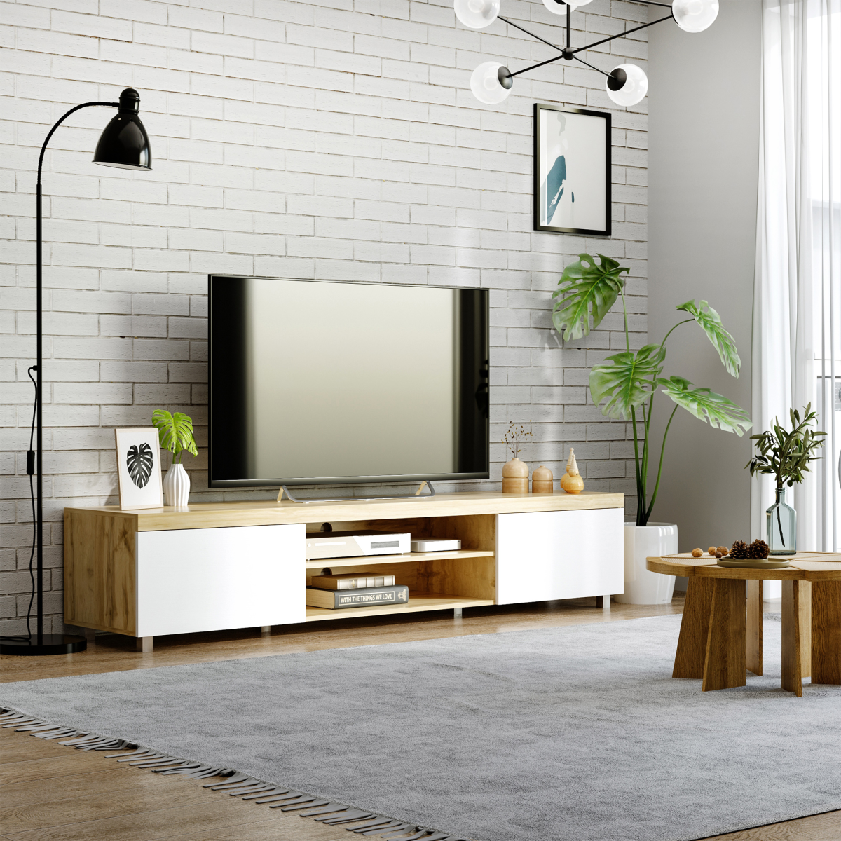 Stylish Light Brown TV Stand with Storage & Open Shelves for Modern Living