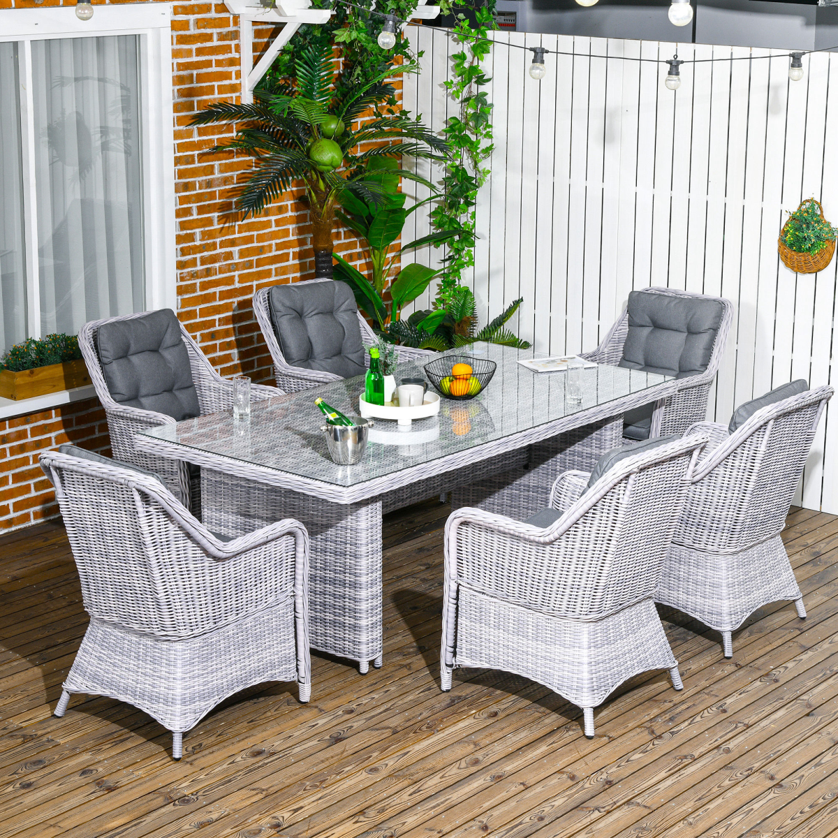 7-Piece Patio PE Rattan Wicker Dining Set with Tempered Glass Top