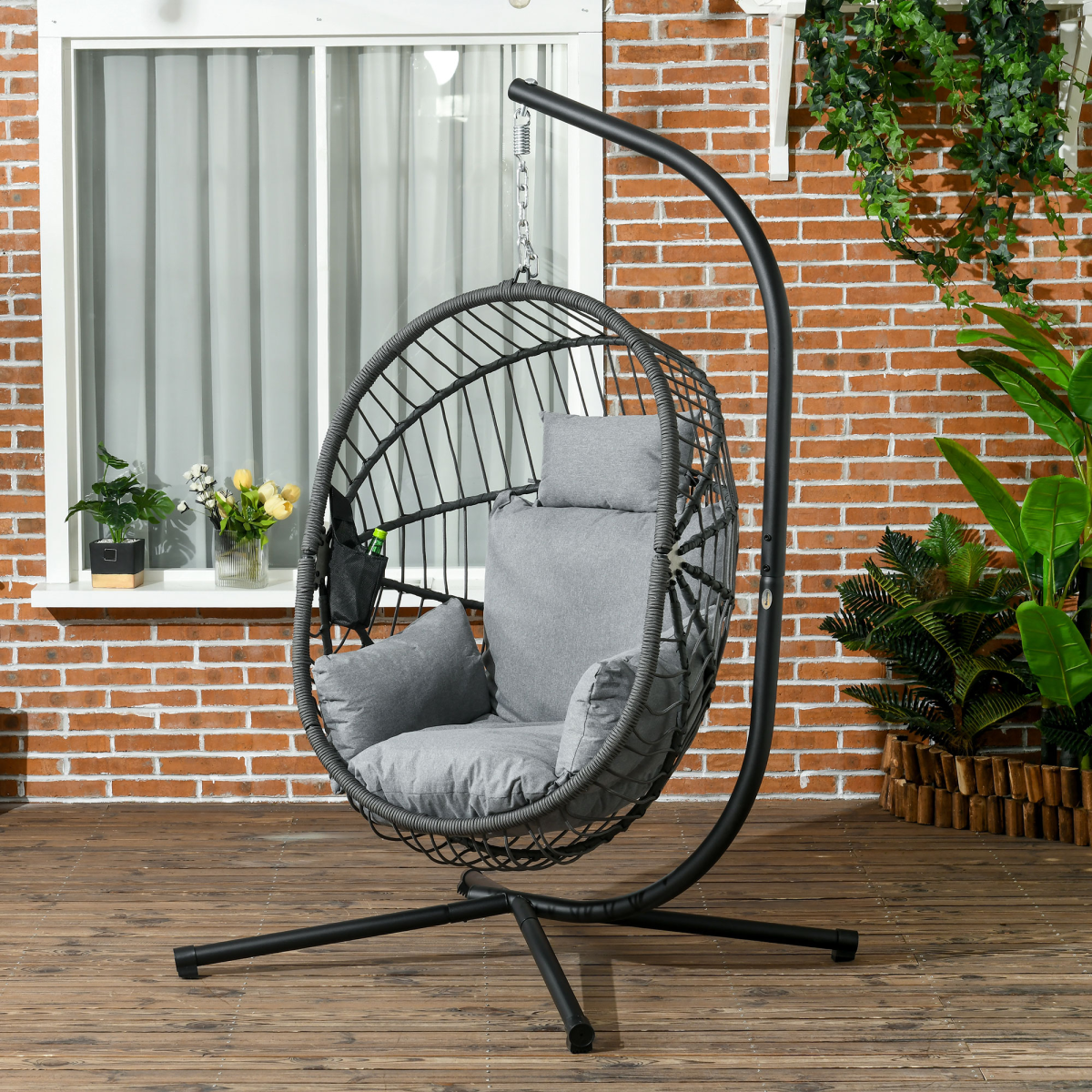 Grey Hanging Swing Chair with Thick Cushioned Seat - Patio