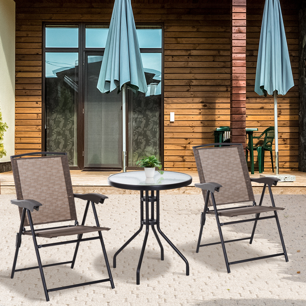 3-Piece Patio Bistro Set: Folding Chairs & Tempered Glass Table, Brown