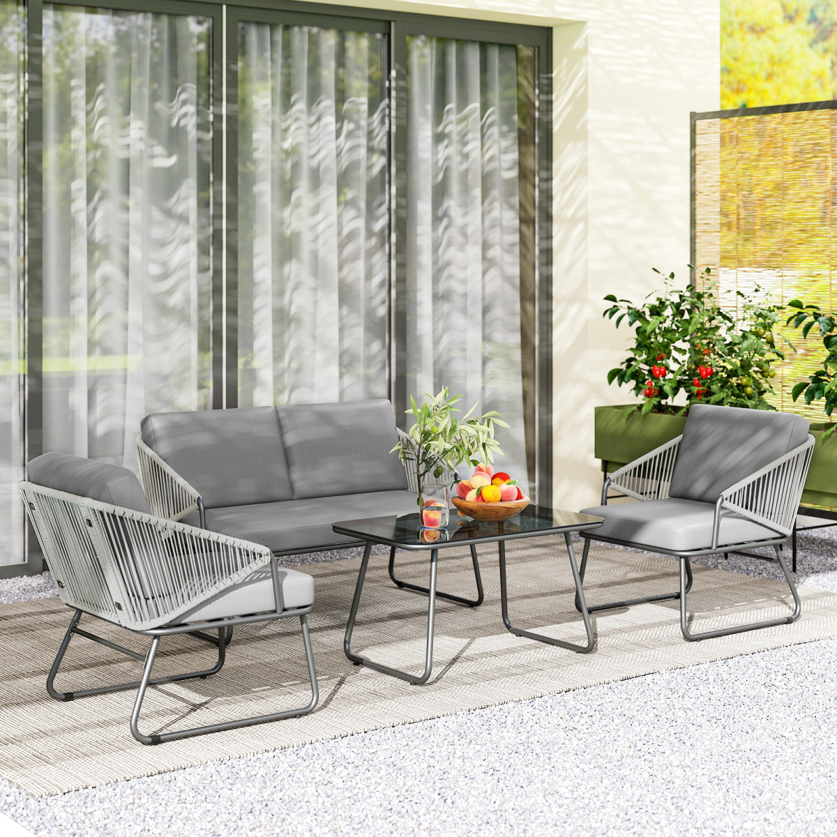 4-Piece Rattan Garden Set with Cushions in Grey