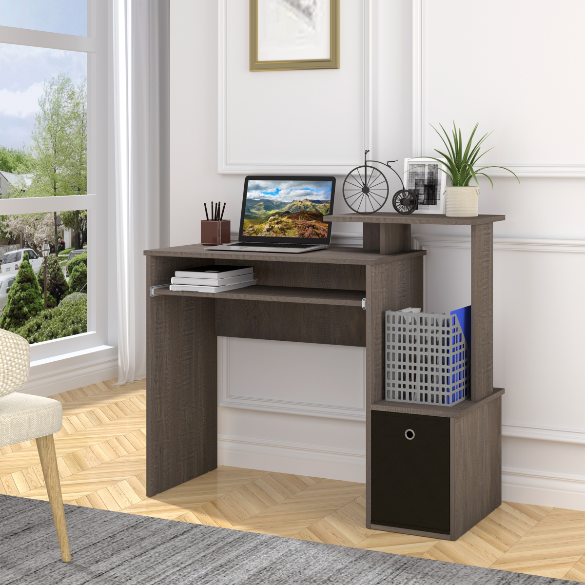 Chic Grey Computer Desk with Sliding Tray & Stylish Storage Solutions