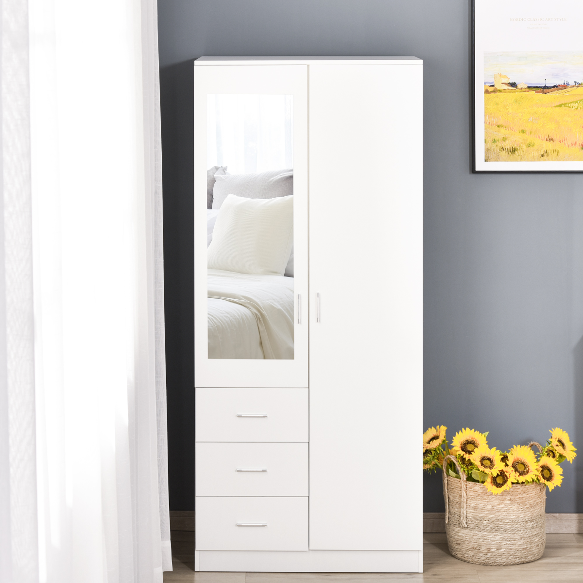 Elegant 2-Door White Wardrobe with Mirror, Adjustable Shelves & 3 Drawers