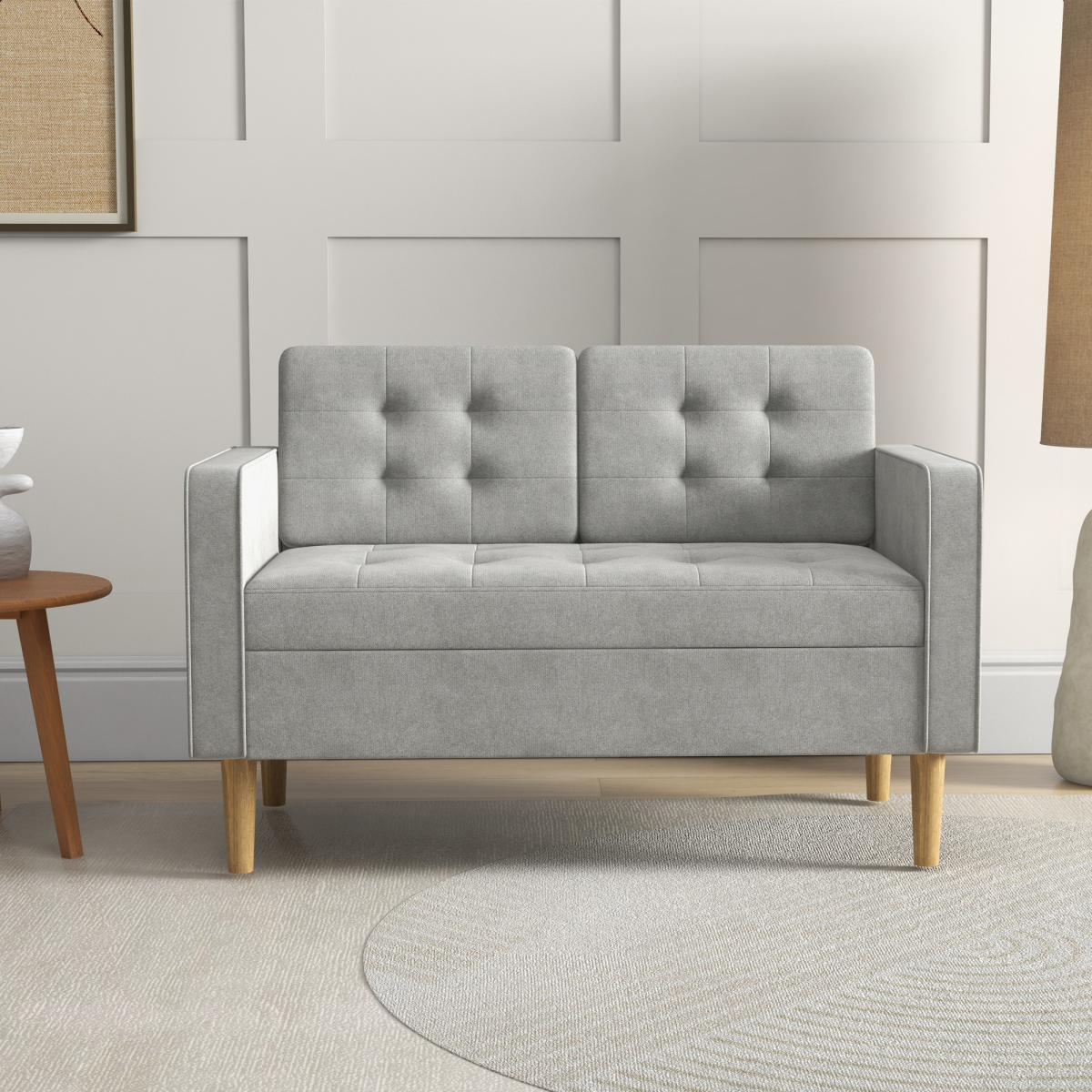 Grey 2-Seater Sofa with Under-Seat Storage - Compact Loveseat for Living Room