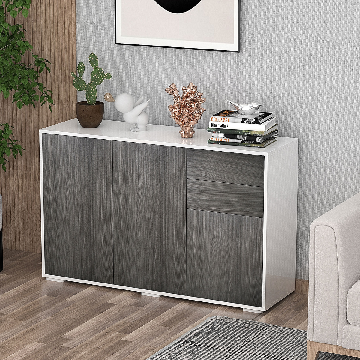 Stylish 2-Door & 2-Drawer Side Cabinet - Modern Grey & White Design