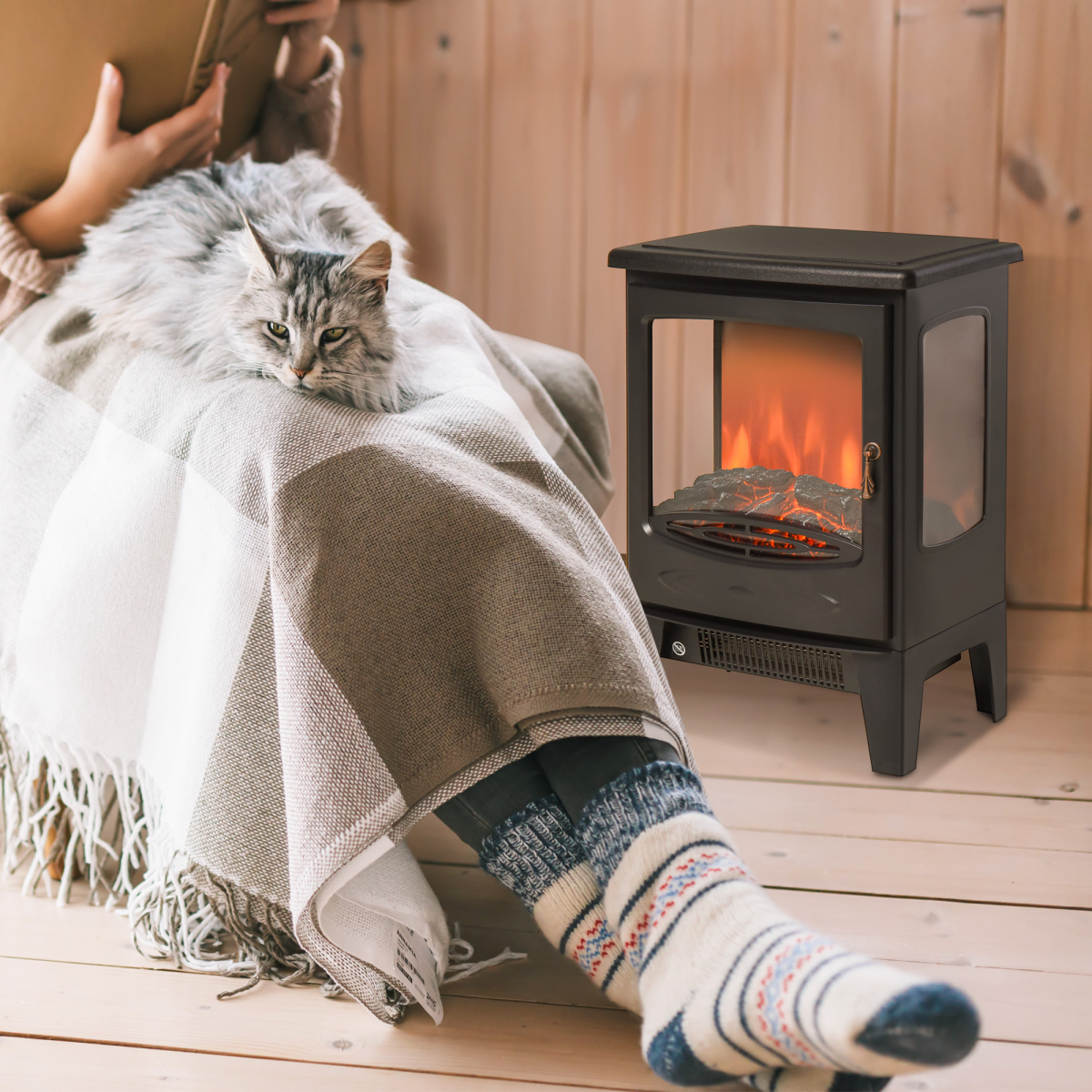 Cozy Retro Electric Fireplace Heater - 1800W Tempered Glass, Stylish & Safe