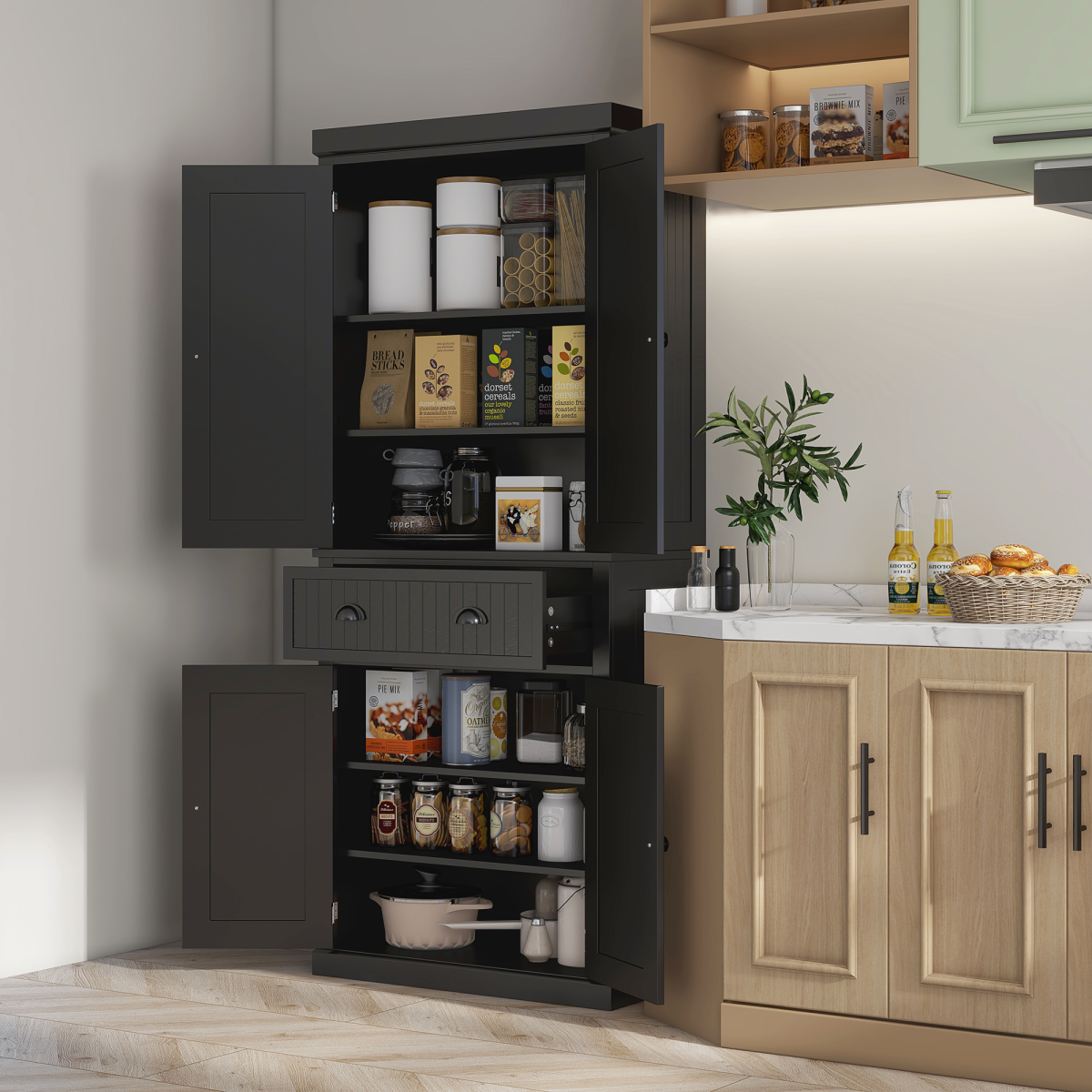 Stylish Black Freestanding Kitchen Storage Cabinet with Drawers & Shelves