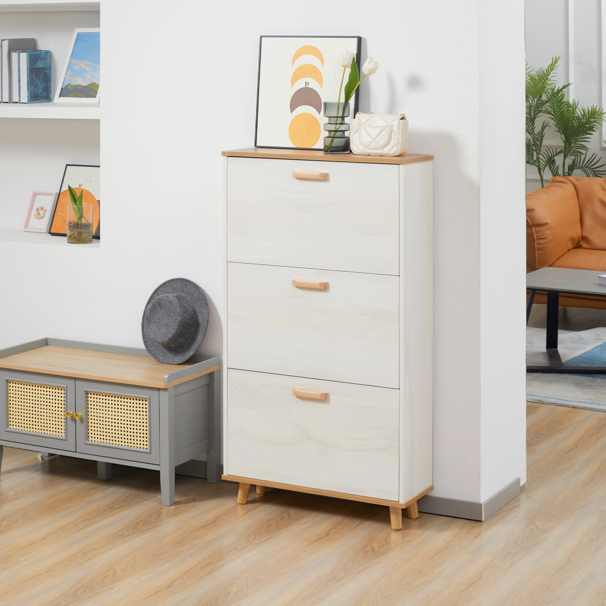Slim Shoe Storage Cabinet - 12 Pair Capacity with 3 Adjustable Flip Drawers