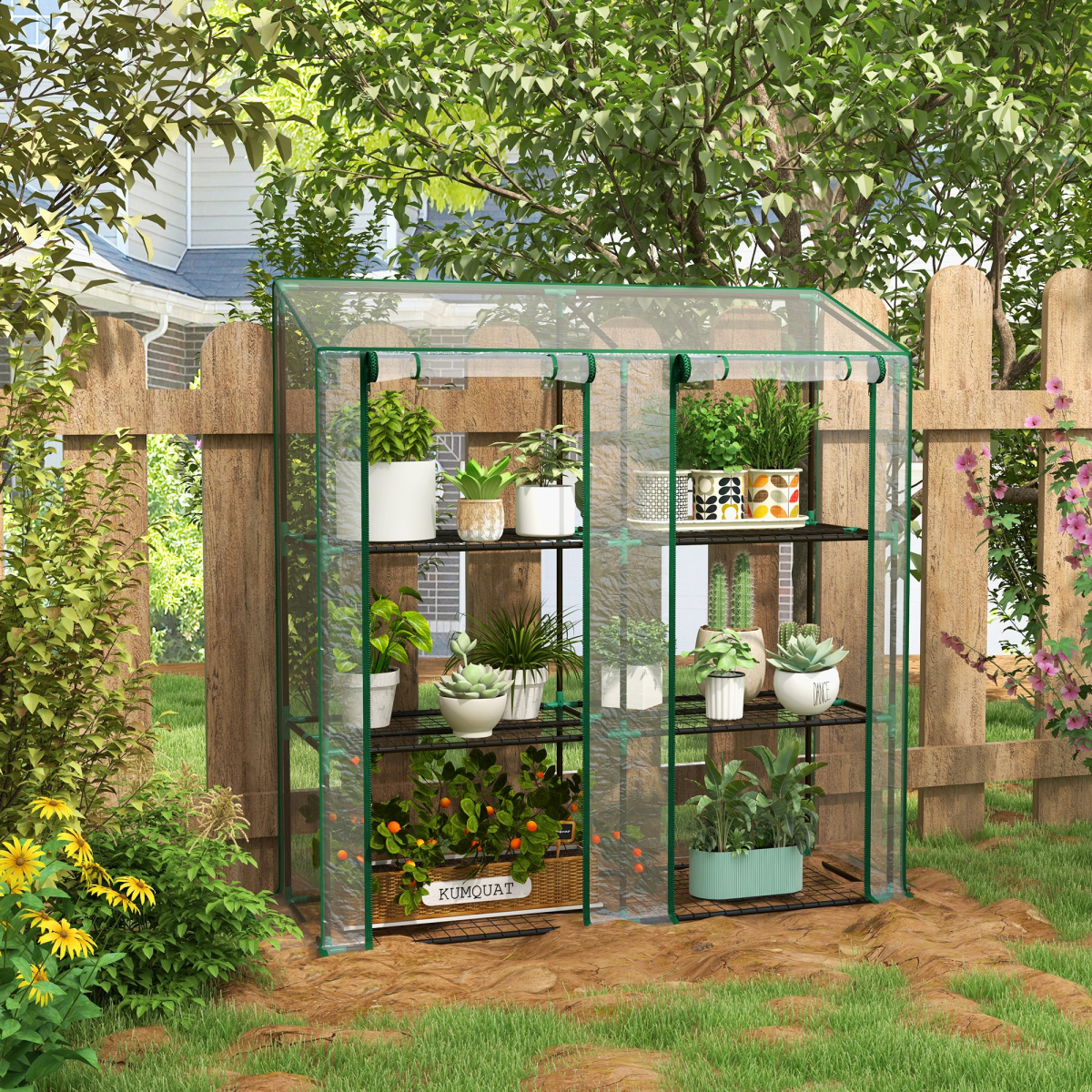 3-Tier Mini Greenhouse with Lean-To Design, Clear Cover 151x143x46 cm