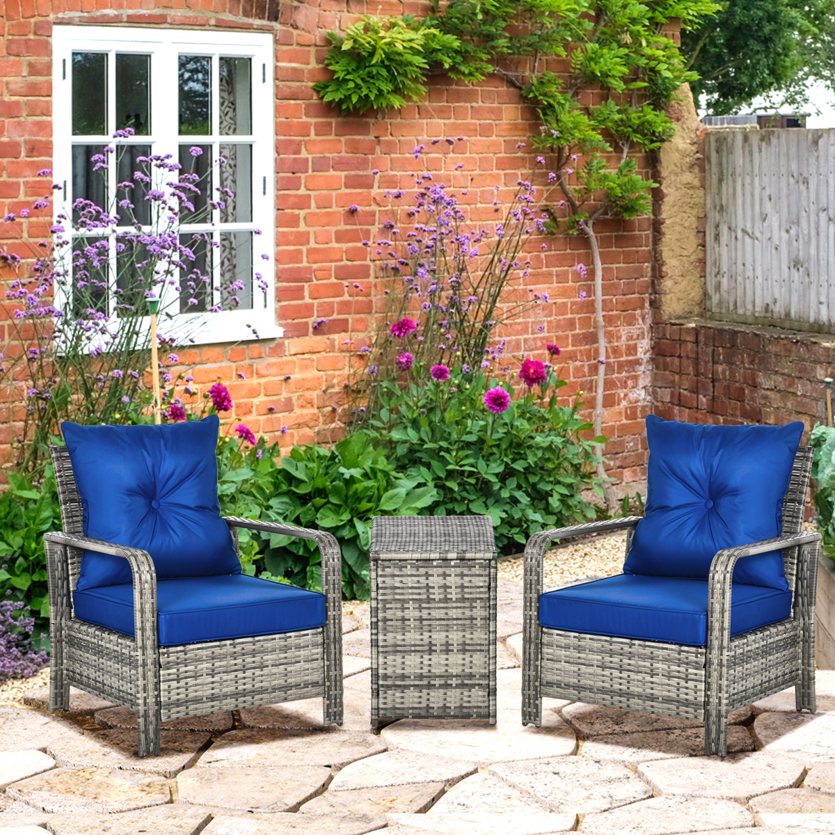 Mixed Grey PE Rattan Outdoor Sofa Set with 2 Chairs & Storage Table