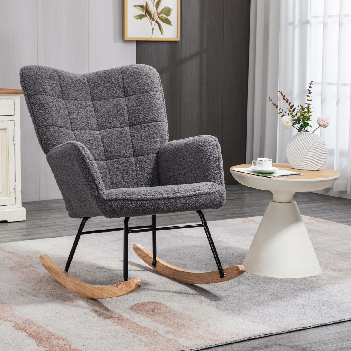 Retro Wingback Rocking Nursing Chair with Steel Frame & Wooden Base — Grey