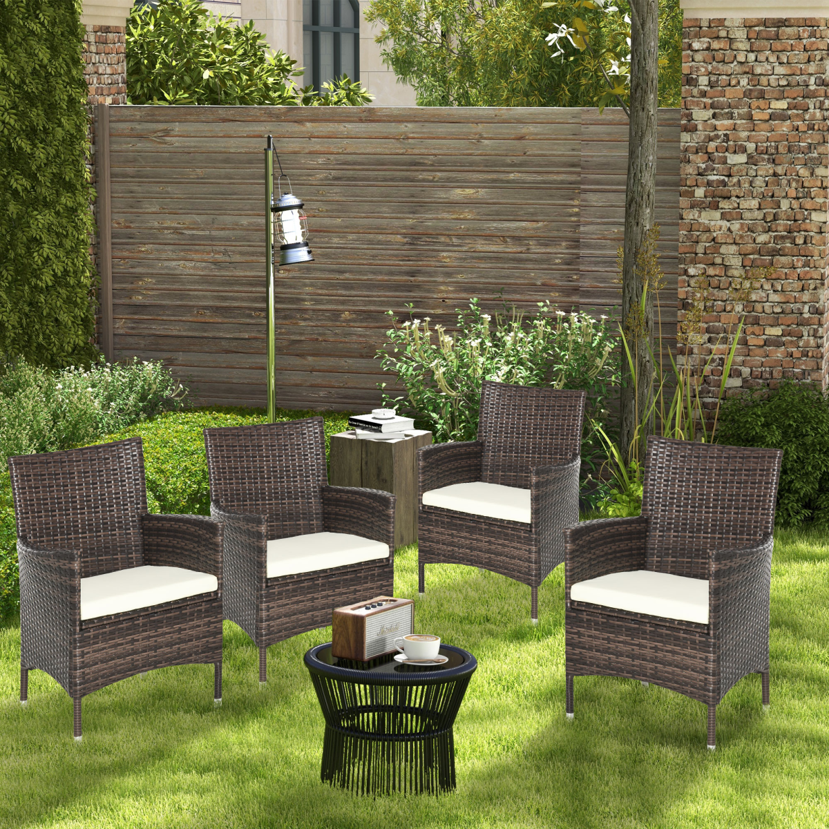 4-Piece Outdoor Rattan Armchair Set with Cushions for Garden