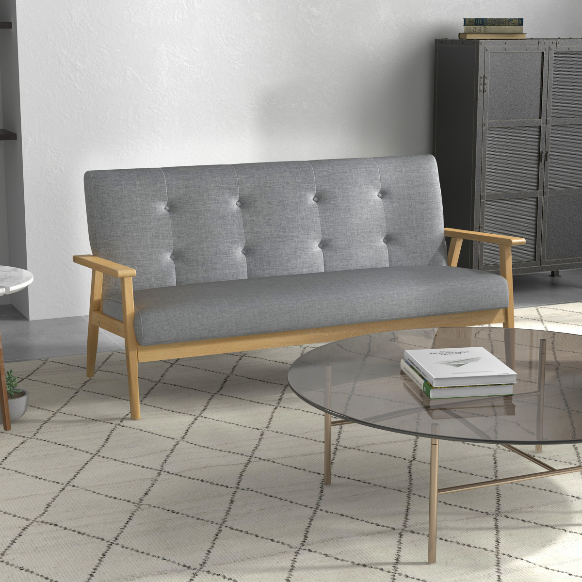 Dark Grey 3-Seater Sofa with Button-Tufted Back in Linen