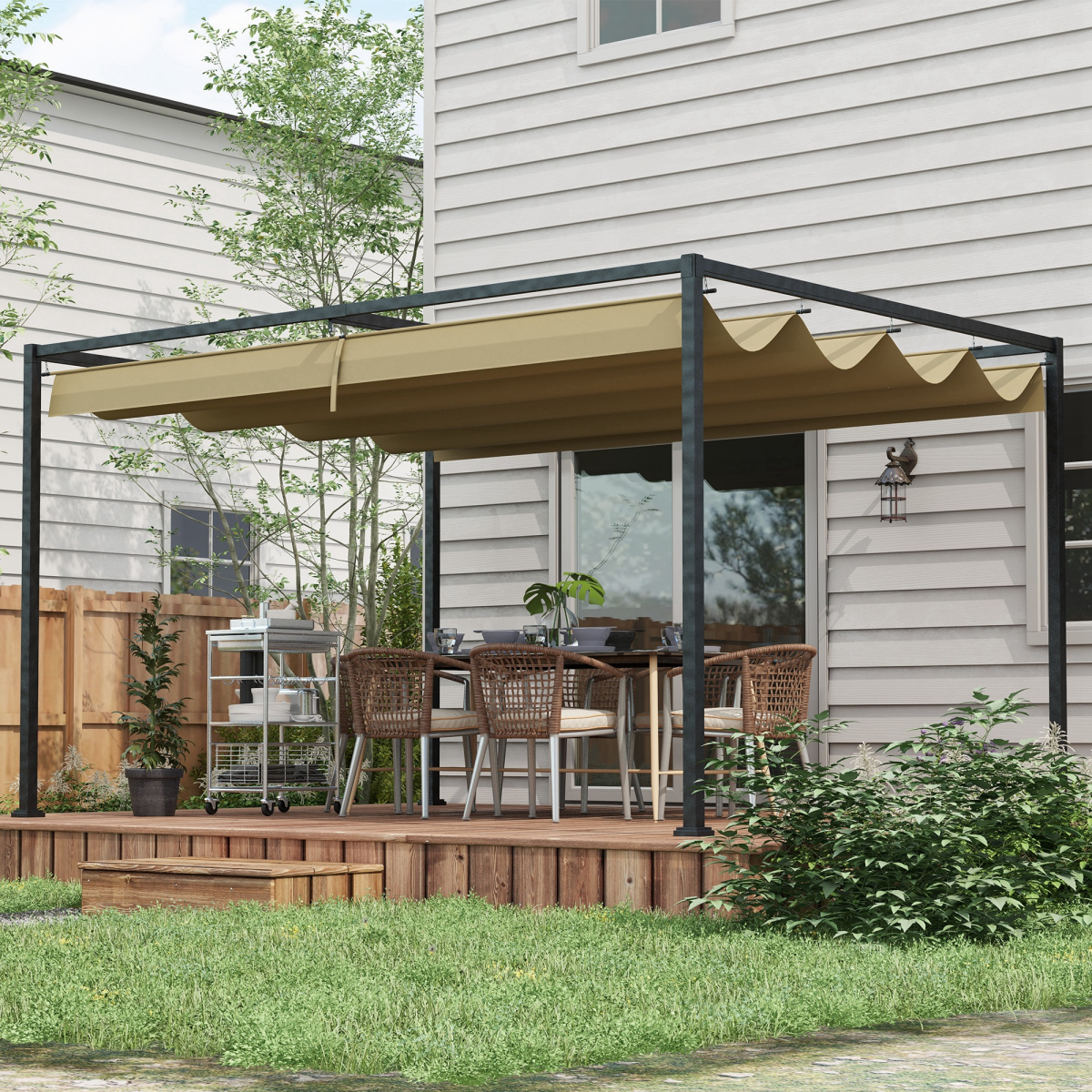 4x3m Metal Pergola Gazebo with Retractable Canopy Khaki