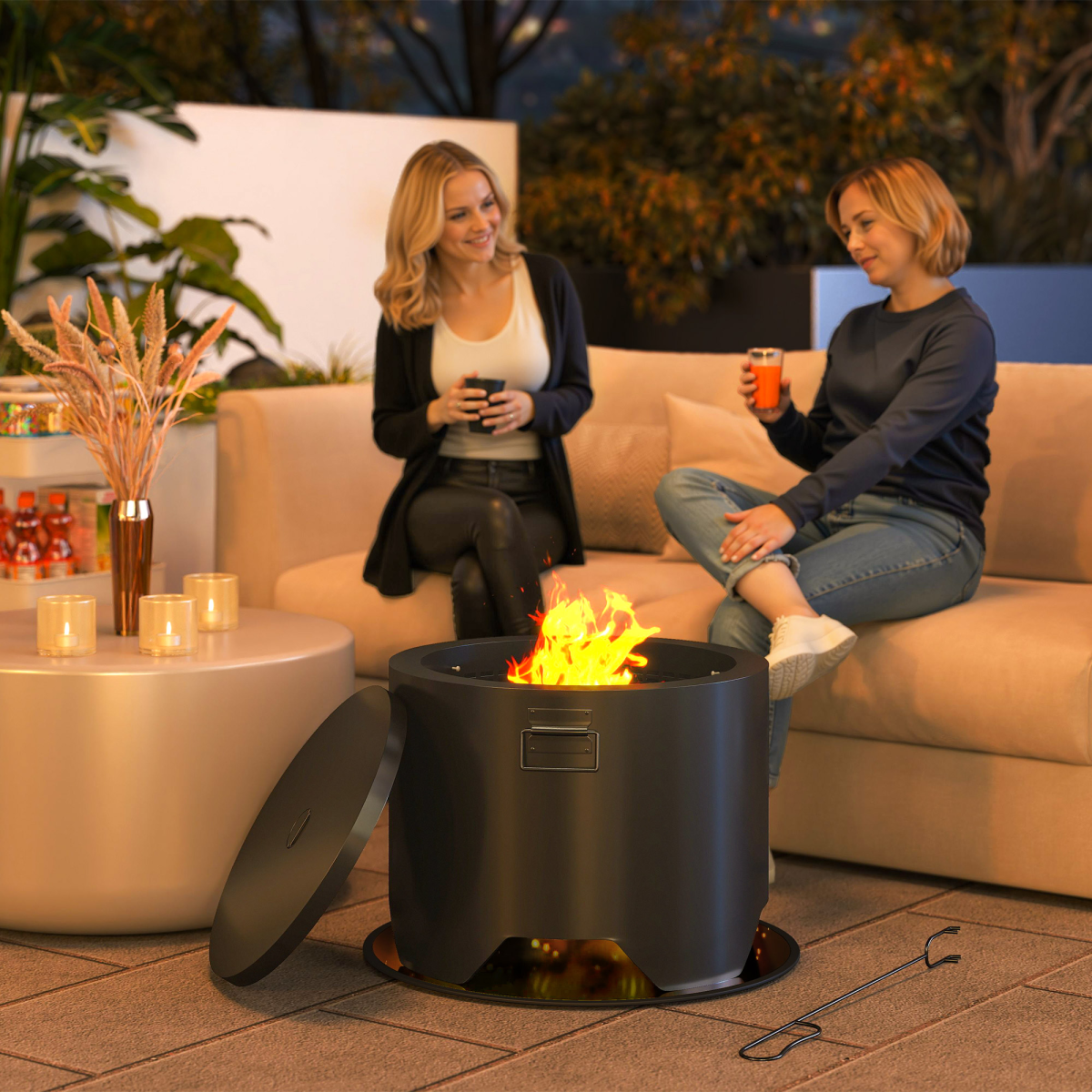 Stylish Round Fire Pit with Lid & Poker - Perfect for Cozy Gatherings