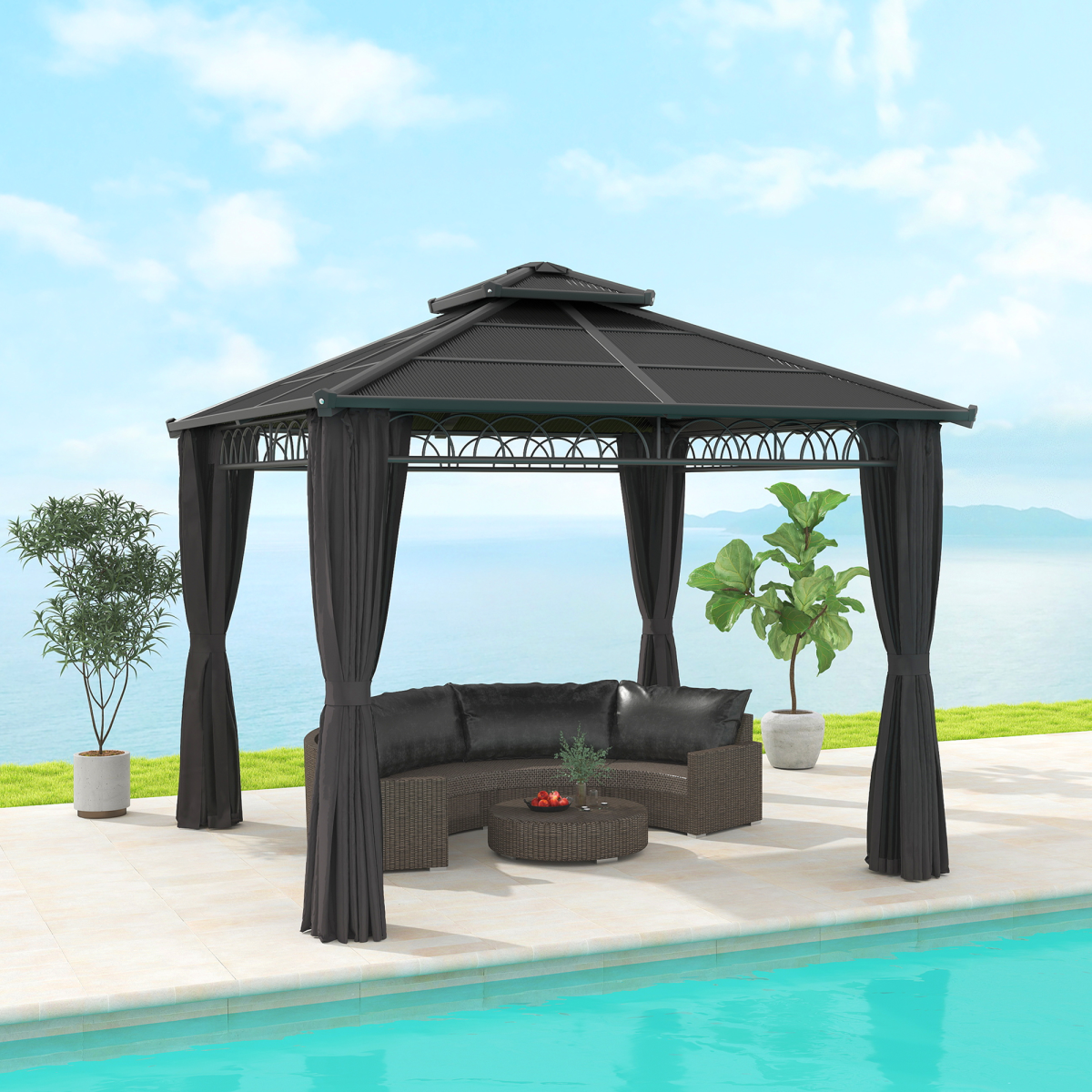 3x3m Double Roof Hard Top Gazebo with Mesh Nettings & Curtains