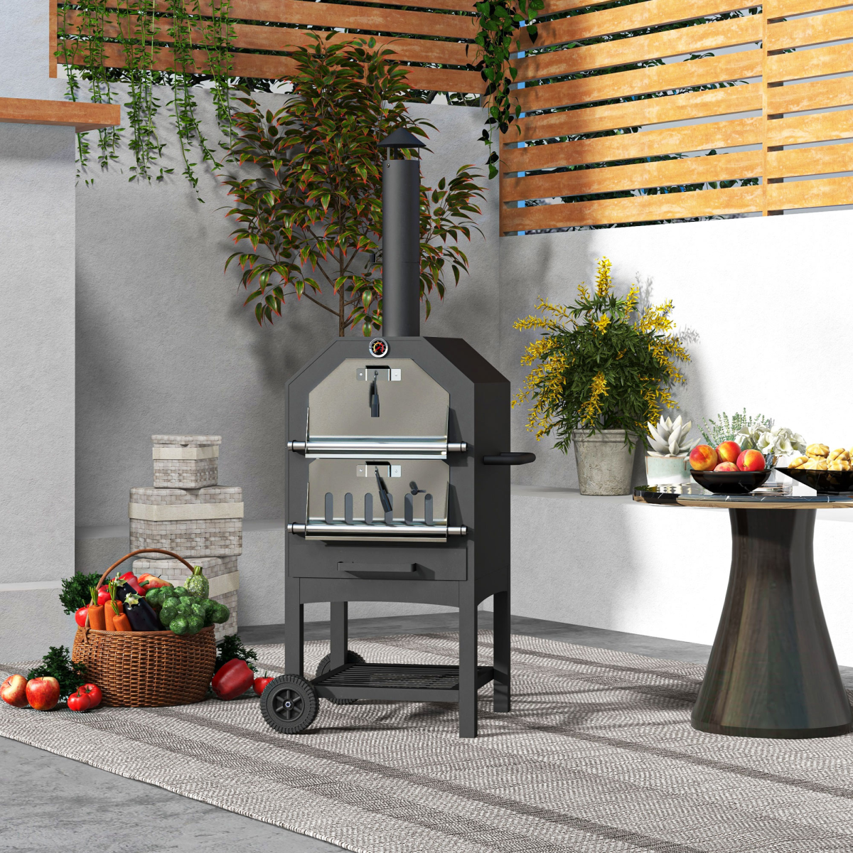 Outdoor Pizza Oven & Charcoal Grill with Rain Cover, Shelf & Wheels