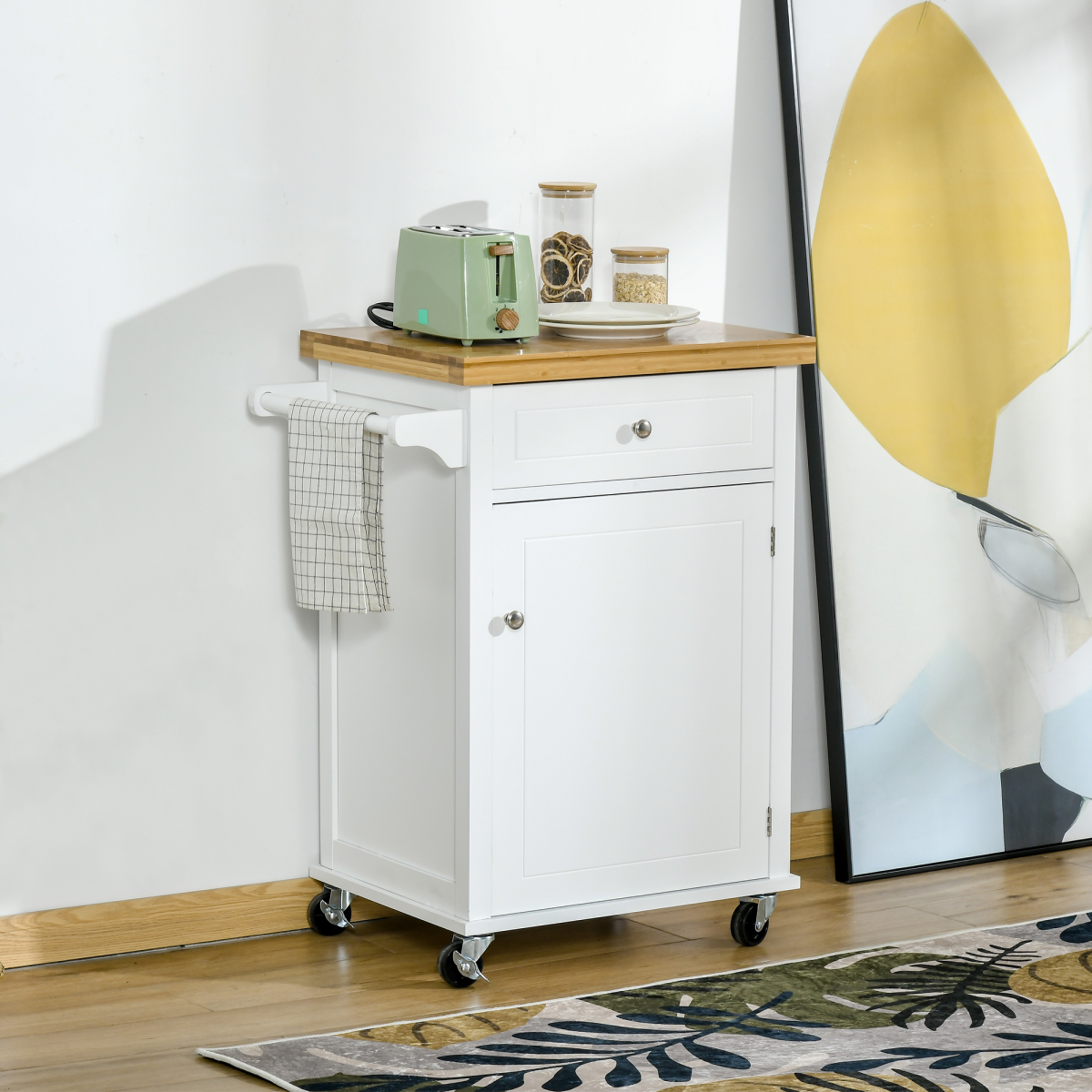 Elegant Rolling Kitchen Cart with Drawer & Towel Rail - Versatile White Design