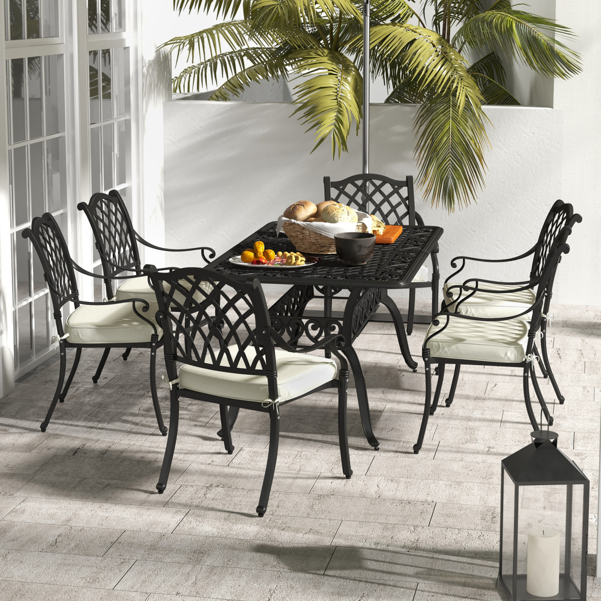 7-Piece Cast Aluminium Patio Dining Set with Umbrella Hole & Cushions