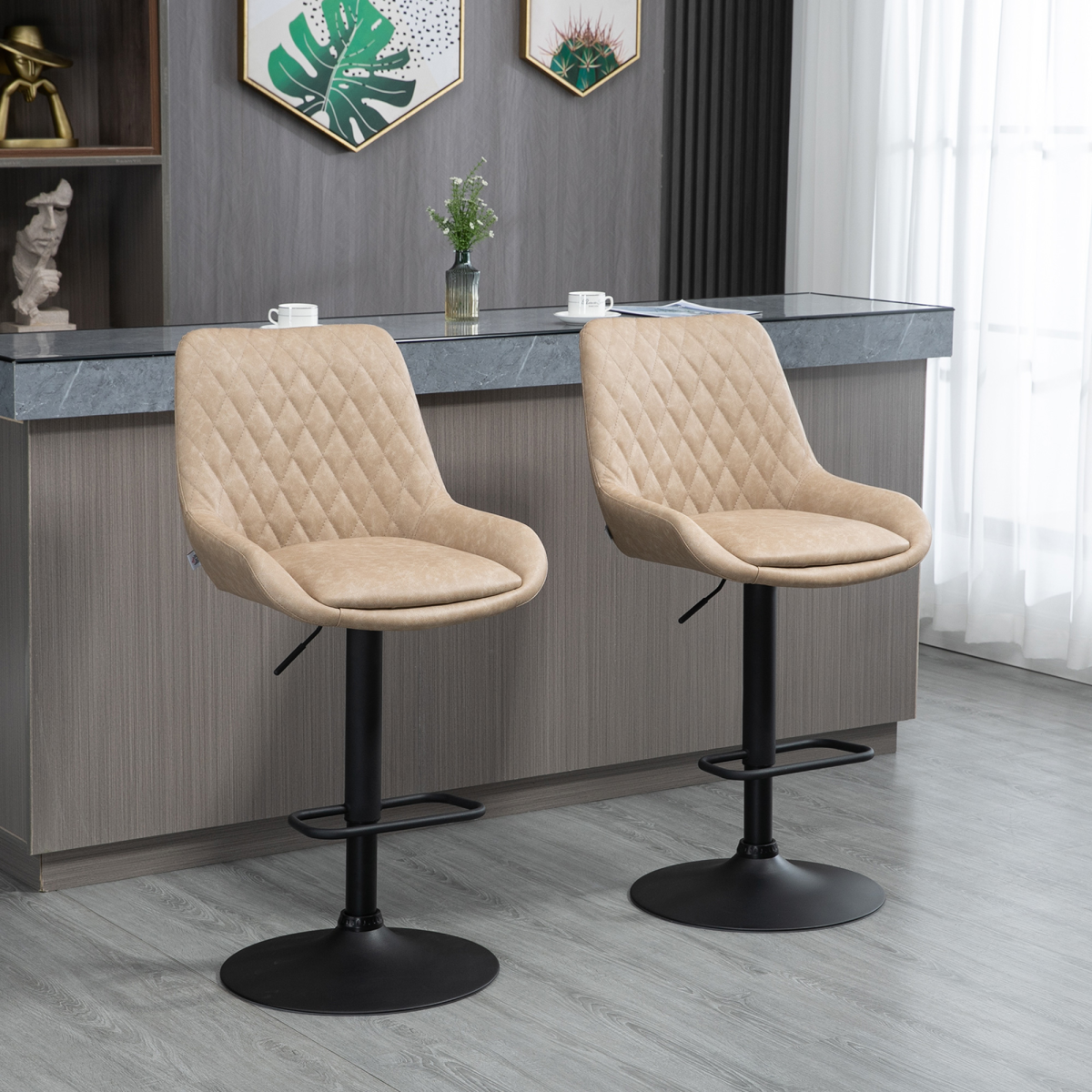 2-Pack Adjustable Bar Stools, 360° Swivel, Faux Leather, Khaki