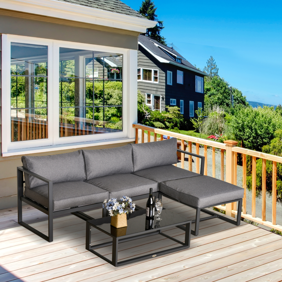 5-Piece Outdoor Patio Set with Cushions & Tempered Glass Table