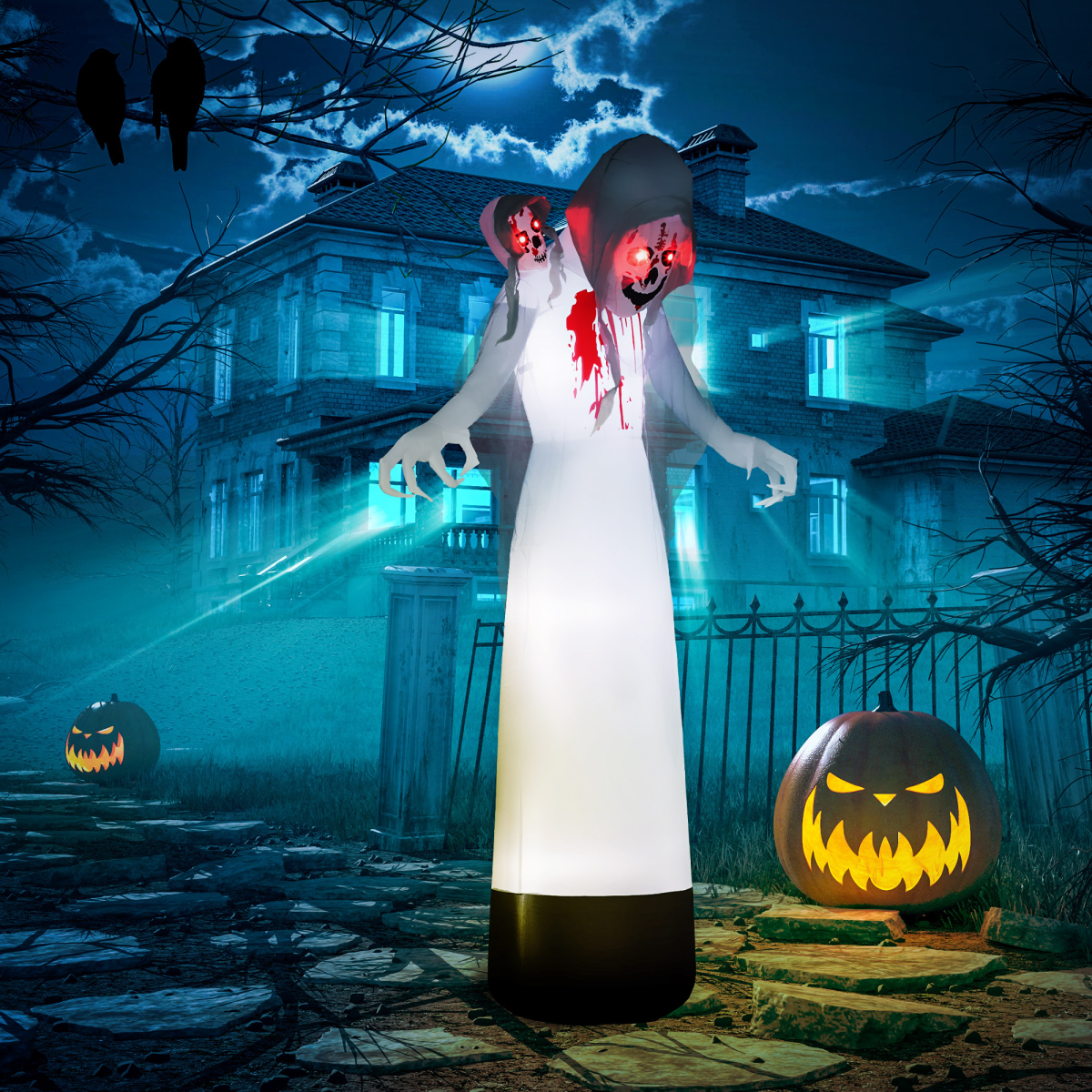 8.9ft Tall Halloween Inflatable Three-Head Witch Ghost