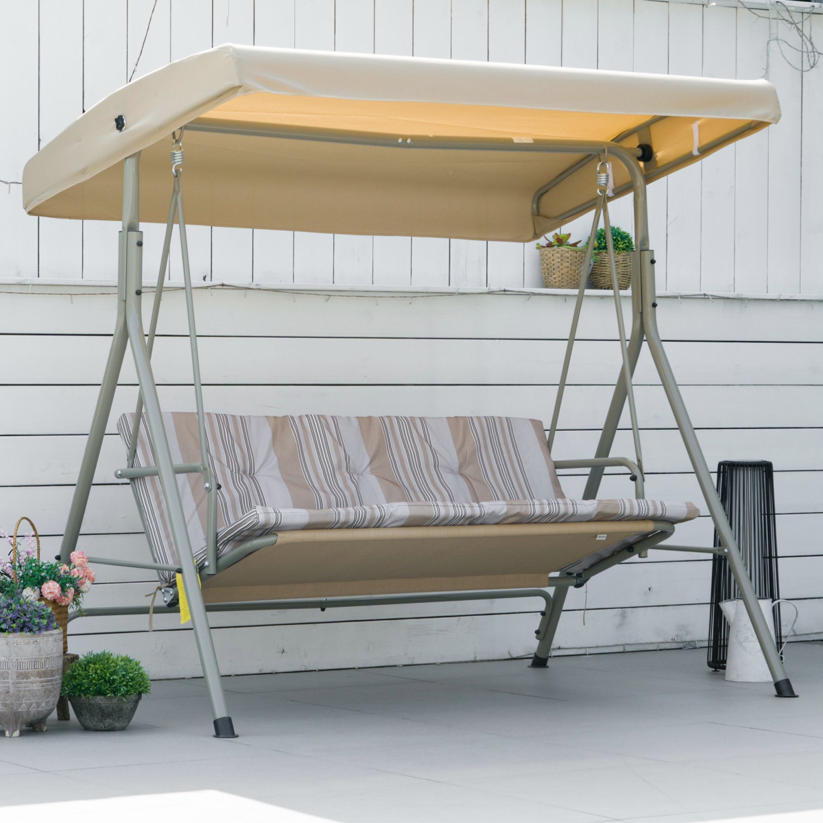 Premium 3-Person Porch Swing with Canopy - Outdoor Lounge Chair Light Brown