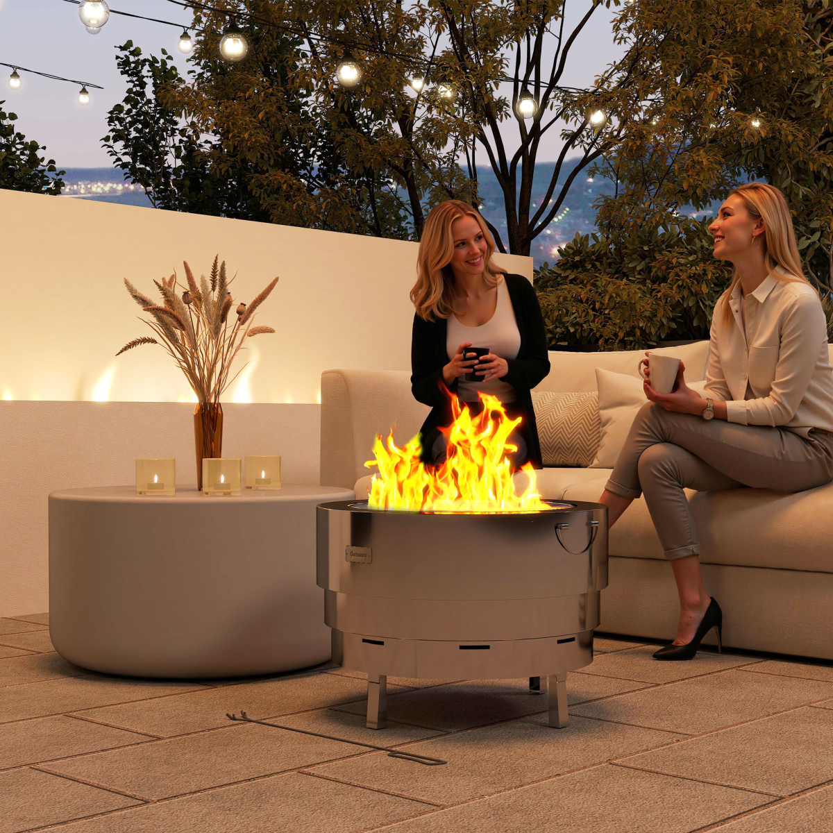 Portable Round Fire Pit & Grill - Stainless Steel with Poker Included