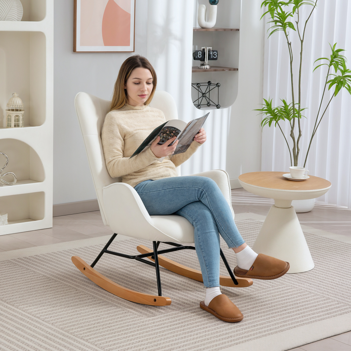 Chic Velvet Rocking Chair with Solid Wood Legs - Cream Elegance