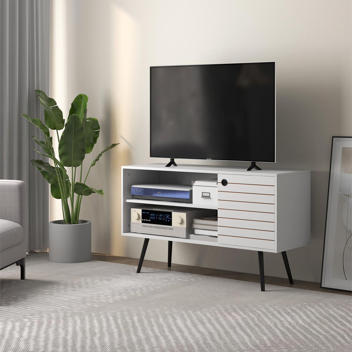 Stylish 50" TV Unit with Storage Shelves & Cable Management - White