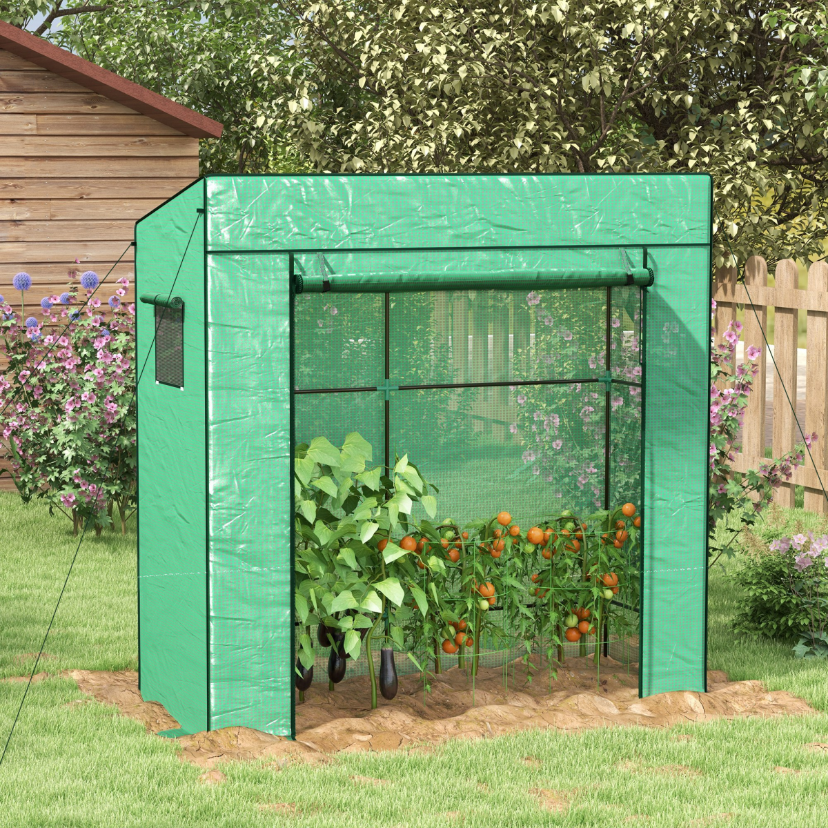 Walk-In Greenhouse: Large Roll-Up Door & Dual Mesh Windows