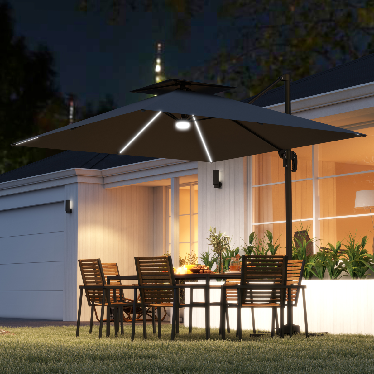 360° Solar-Powered Wall-Mounted Umbrella with LED Lights & Adjustable Tilt