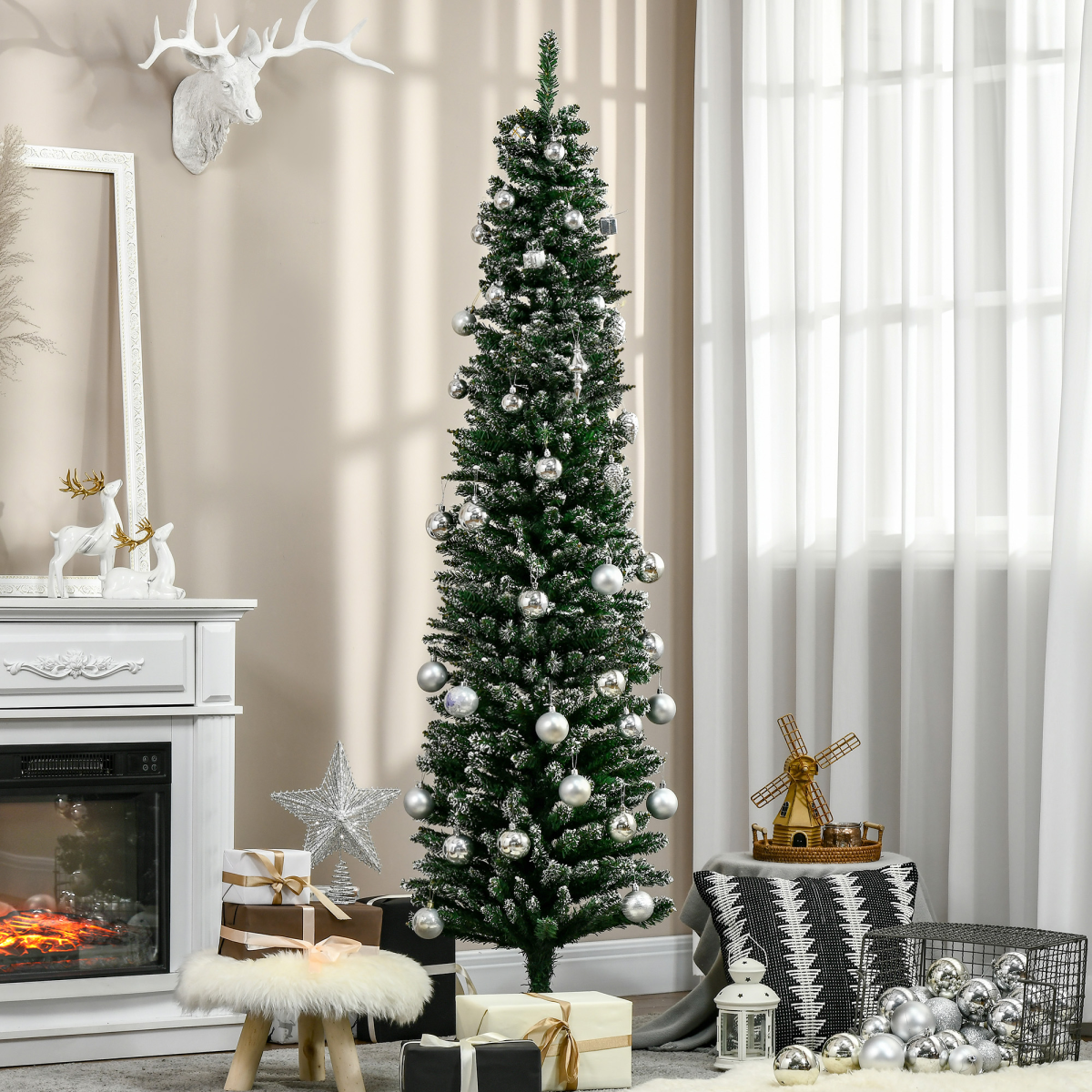Snow-Dipped 6.5ft Pencil Christmas Tree, Foldable with Black Stand