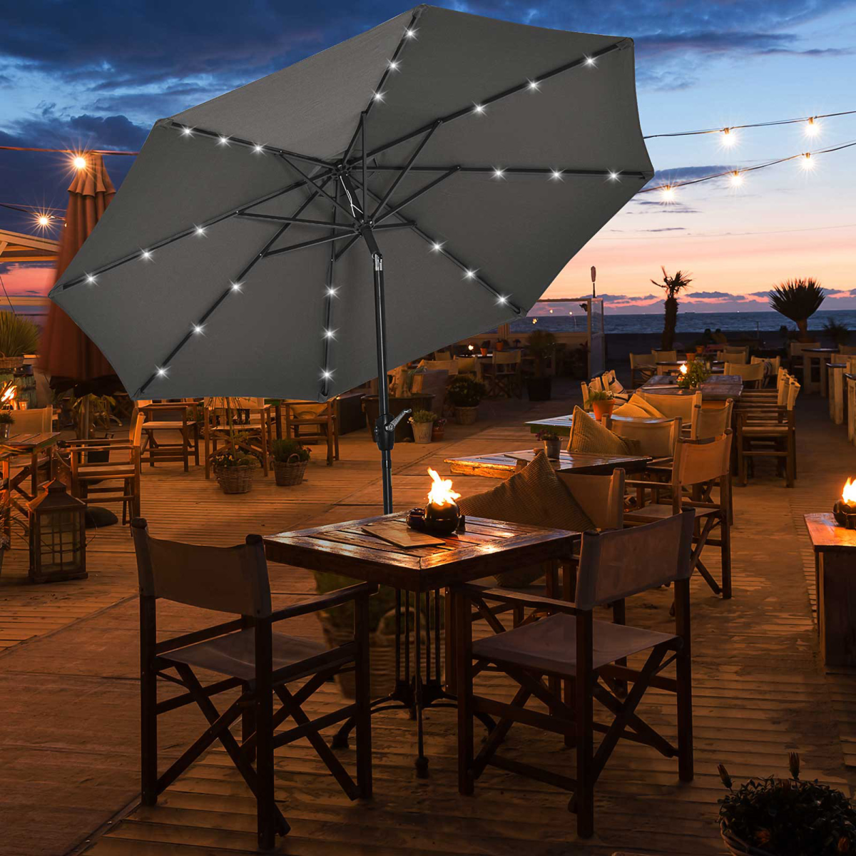 Solar-Powered Wall-Mounted Umbrella with Adjustable LED Lights & Vent Design