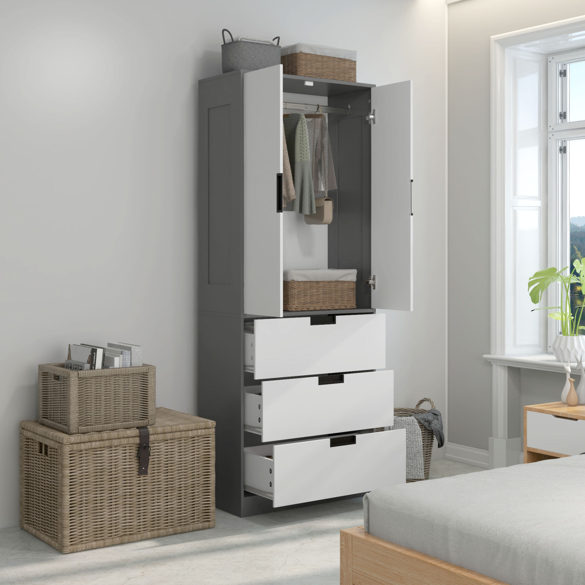 2-Door Wardrobe with 3 Drawers & Hanging Rod – Grey