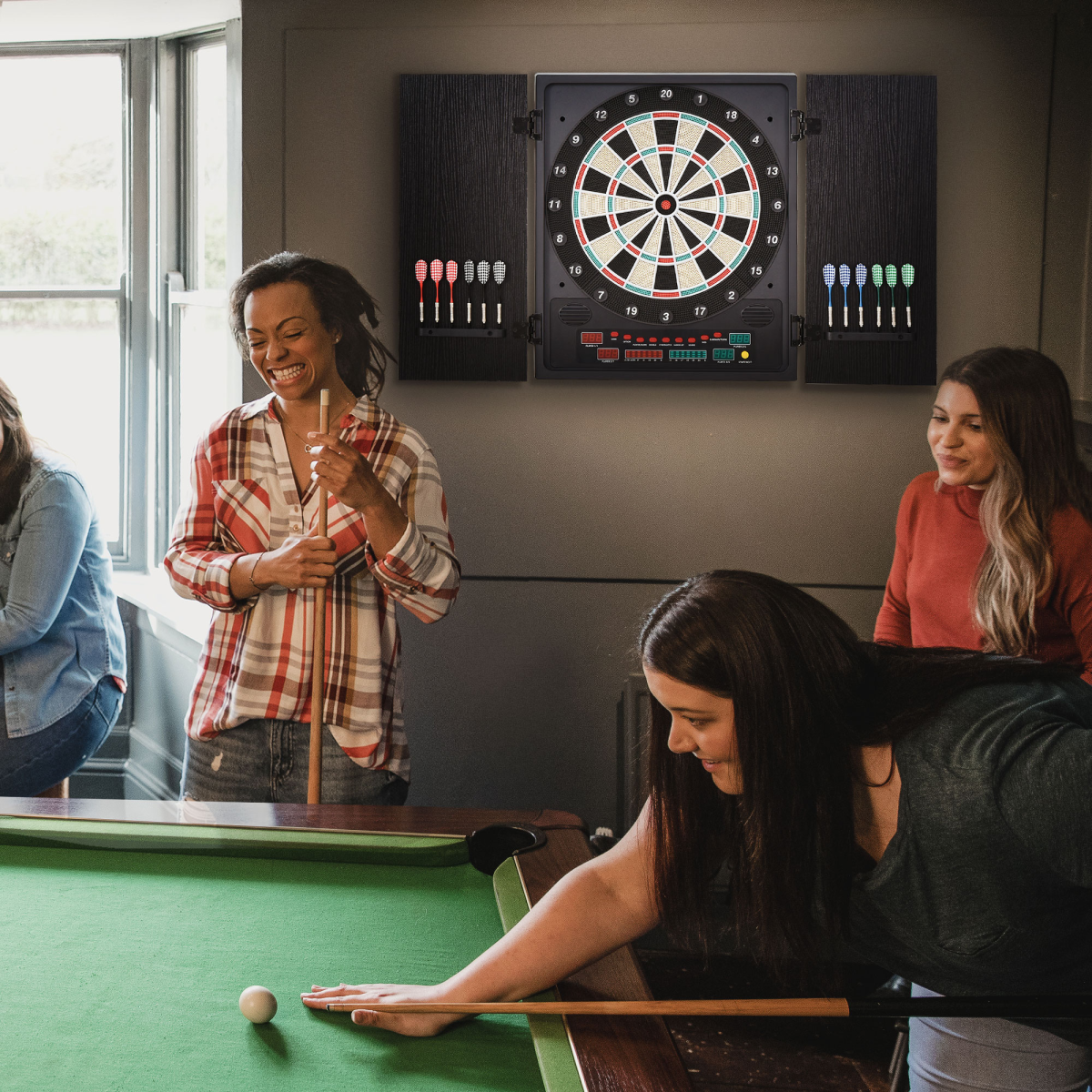 LED Dartboard with Digital Scoreboard, 27 Games, Cabinet & Storage