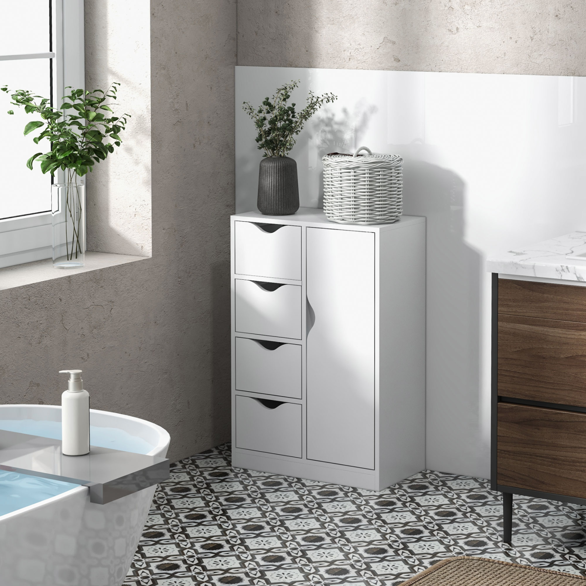 Ultimate Modern White Storage Cabinet: 4 Drawers & 1 Shelf for Clutter-Free Living
