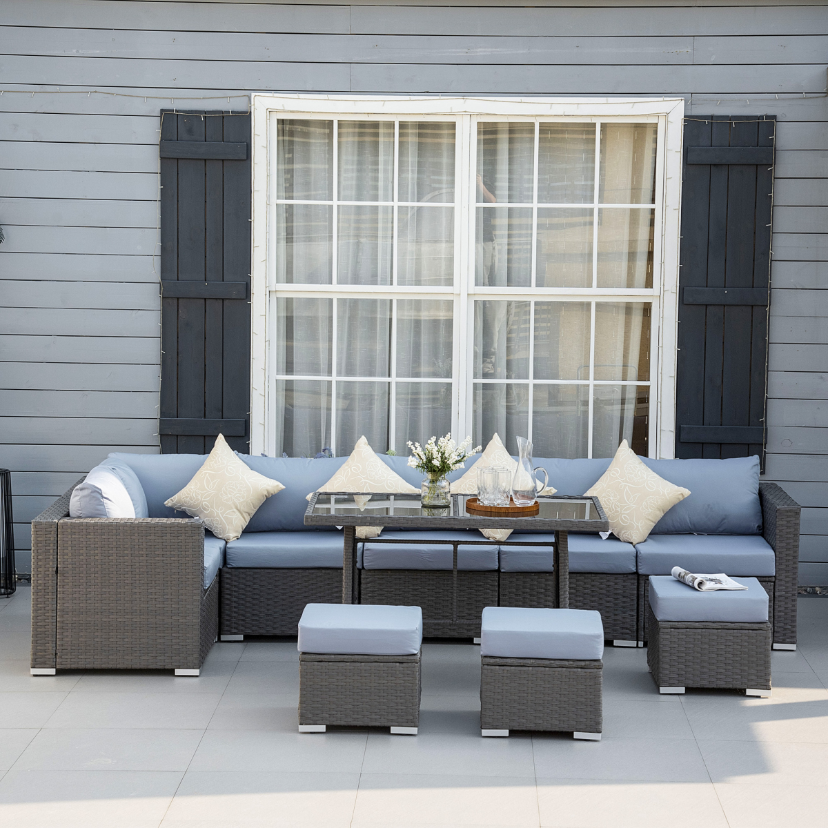 10-Piece Rattan Sofa Set with Grey and Dusty-Blue Cushions