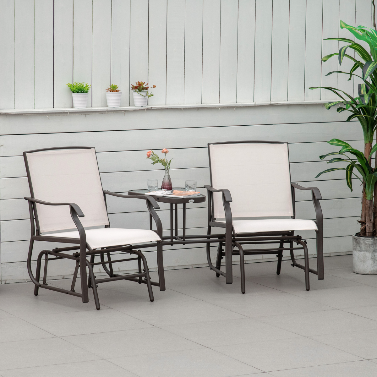 Double Glider Loveseat with Glass Table - Beige Garden Set