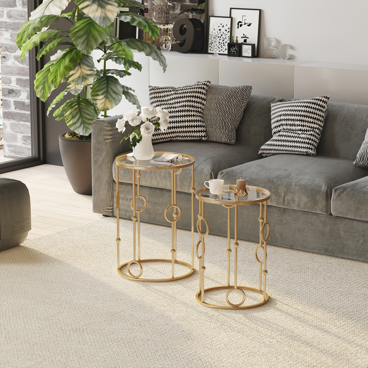 Gold Nesting Coffee Tables (Set of 2) with Tempered Glass Tops