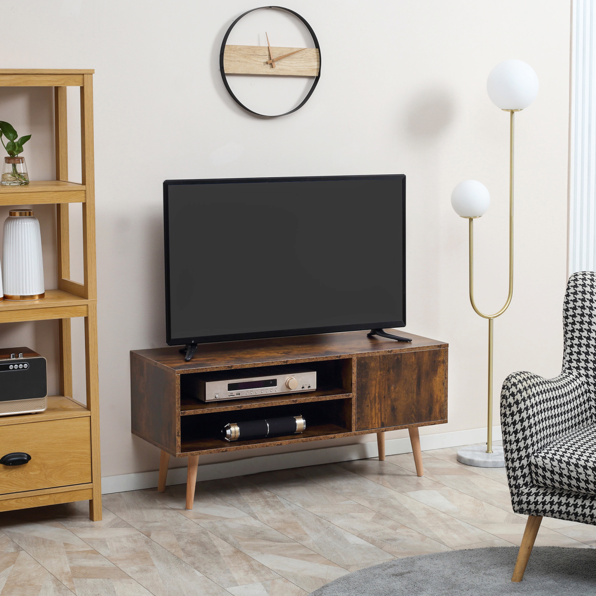 Stylish 55-Inch TV Unit with Cupboard & Shelves - Elegant Brown Finish