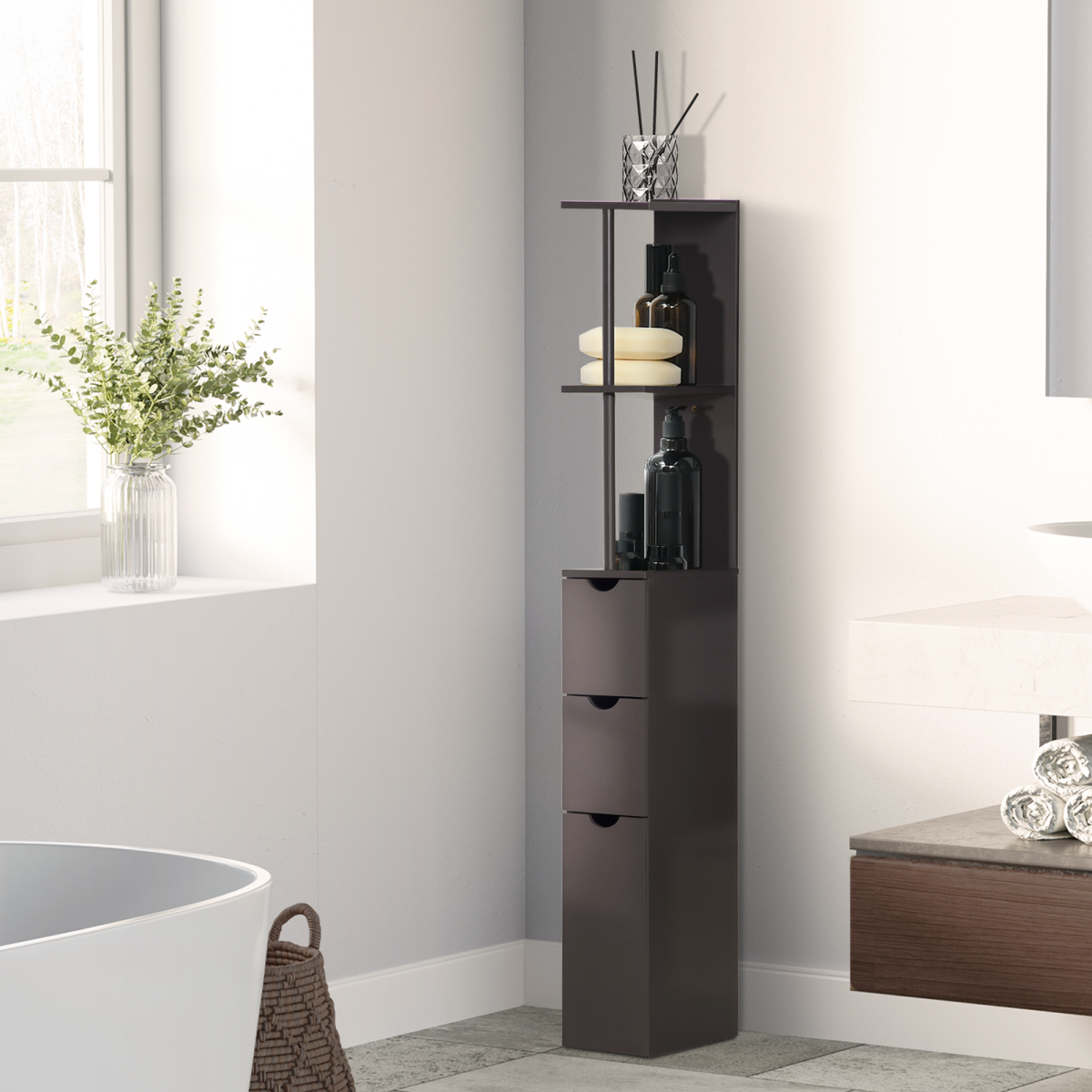 Elegant Tall Bathroom Storage Cabinet with Drawers & Shelves - Brown