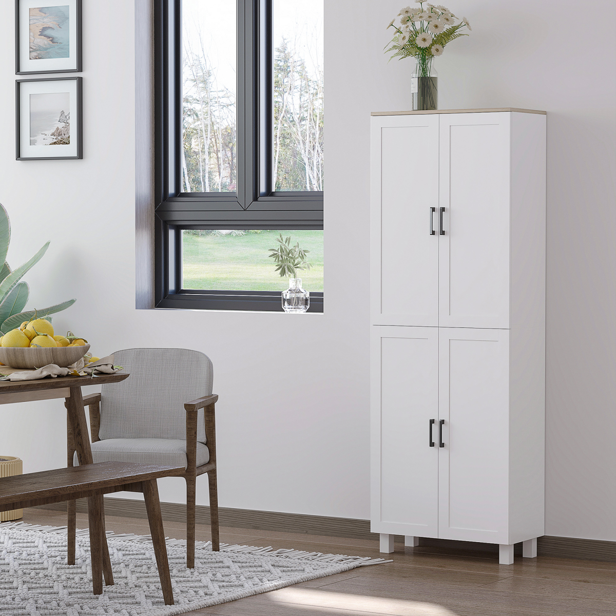 Stylish Tall Storage Cabinet: 4 Adjustable Shelves, Space-Saving Design