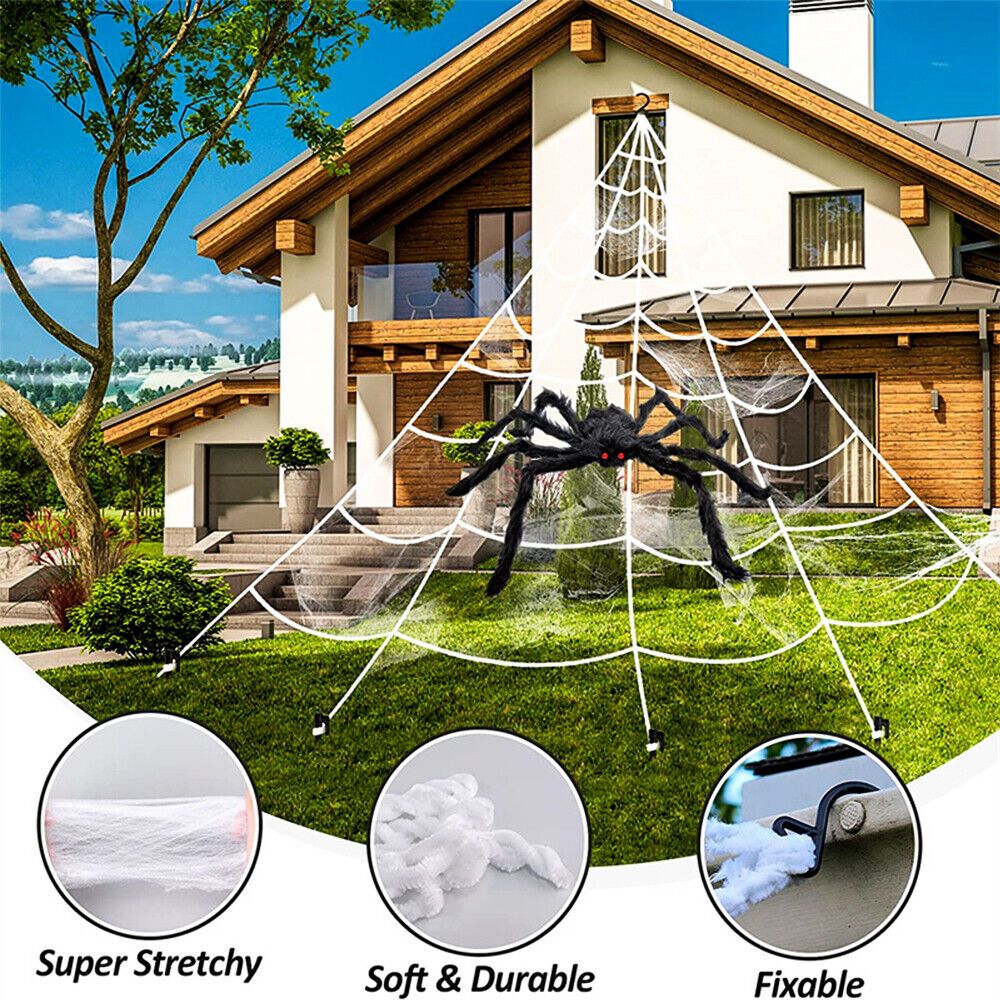 Giant 5m Spider Web Halloween Decor Kit with 20 Spiders & Large Spider