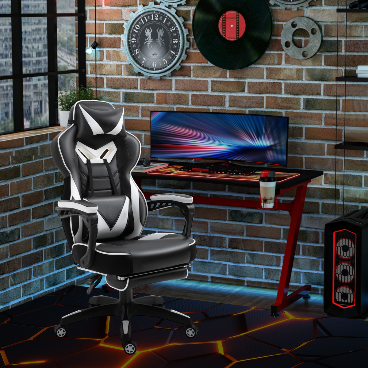 Ergonomic Gaming Chair with Reclining Footrest - Stylish White Office Comfort