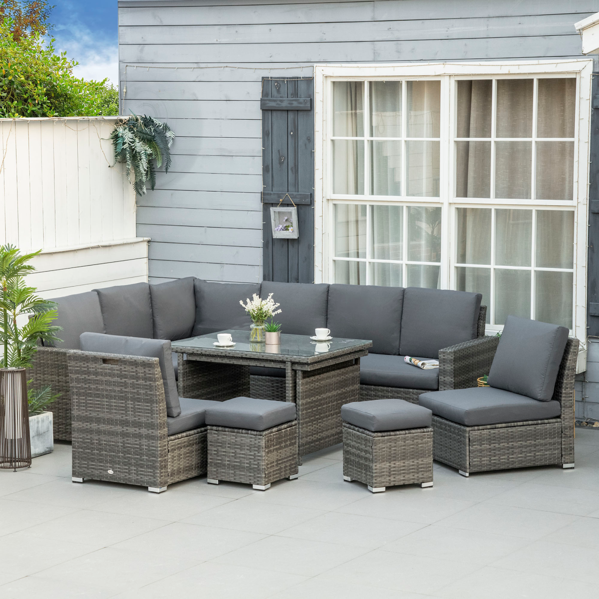 10-Seater Rattan Sofa Set - Cushioned Seats, Footstools & Glass Table