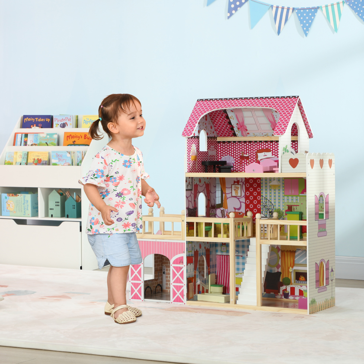 AIYAPLAY 3-Story Pink Dolls House with 13-Piece Wooden Furniture Set