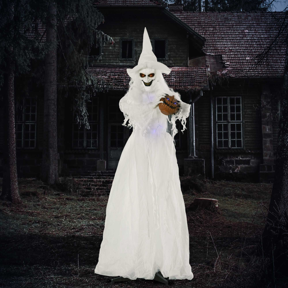 72-Inch Halloween Witch with Pumpkin, Skeleton Ghost, Motion-Activated Lights