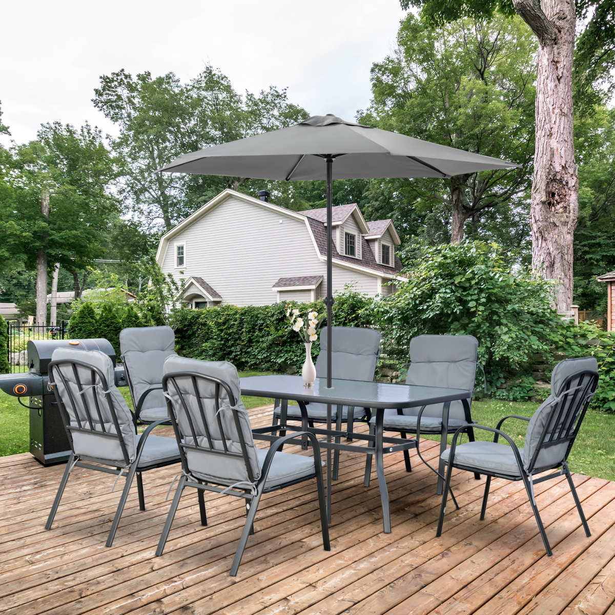 7-Piece Garden Dining Set with Glass Table, Umbrella Hole & Cushions - Black