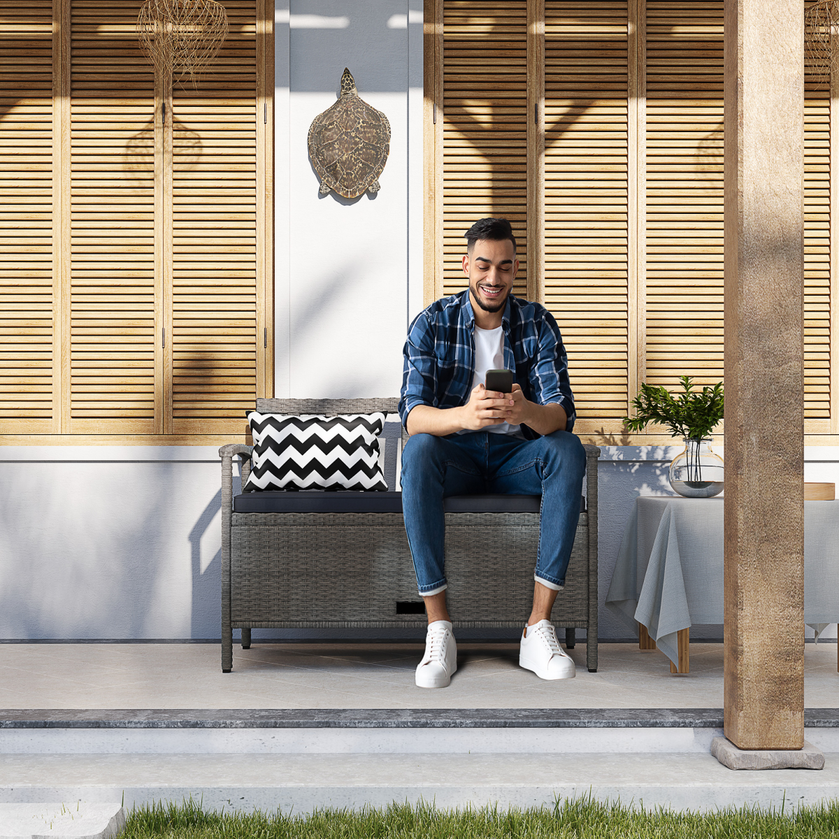 160L Rattan Garden Storage Bench with Cushioned Seat – Grey